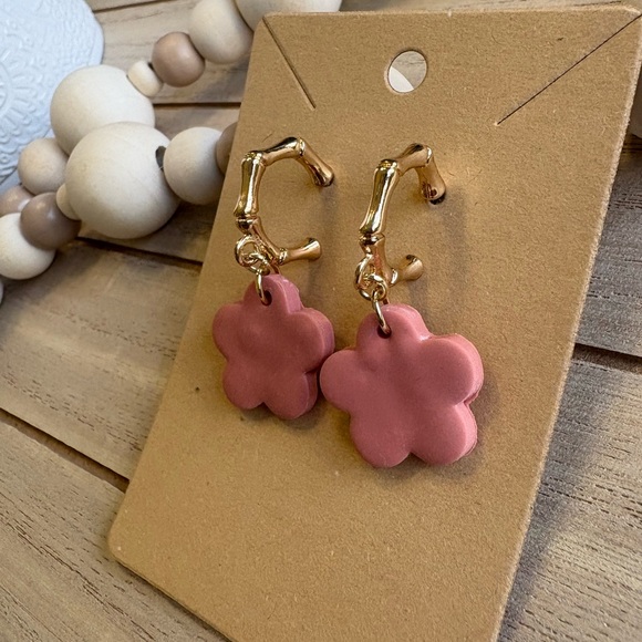 Handmade Pink Flower Earrings with Gold Bamboo Hoops | Boho Statement Jewelry - Picture 5 of 7